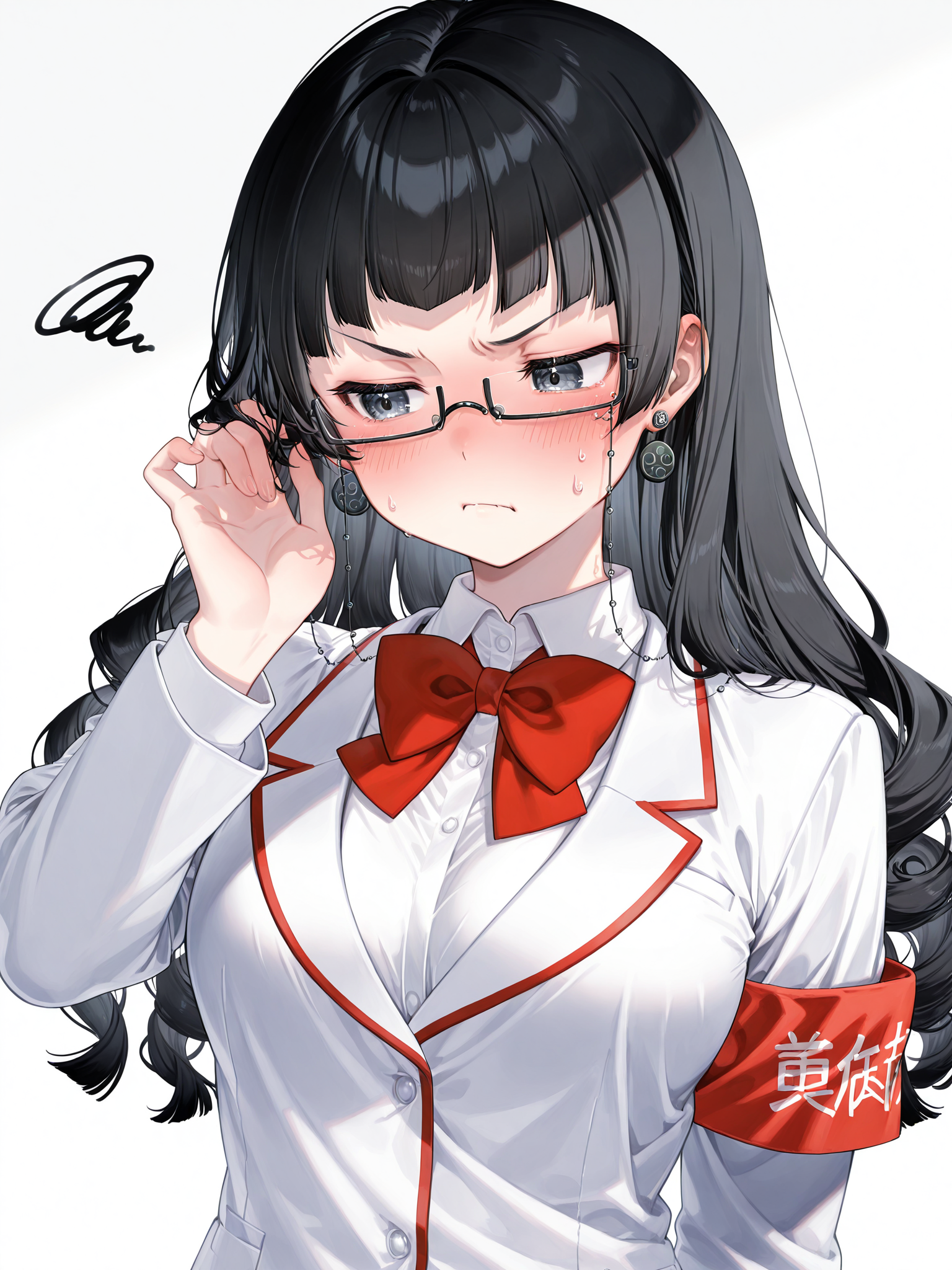 siiqa vivi, shuri \(84k\), <lora:spo_sdxl_10ep_4k-data_lora_webui:0.5><lora:cfg_scale_boost:0.9> 
<lora:Kuroko2XL:1> Kuroko_YS, 1girl, long hair, black glasses, earrings, eyewear strap, solo, blunt bangs, black hair, black eyes, medium breasts, white school uniform, red bowtie, red armband, upper body, flustered, annoyed, curly hair, hand in own hair, alternate hairstyle, 
masterpiece, best quality, amazing quality, very aesthetic, absurdres, newest,