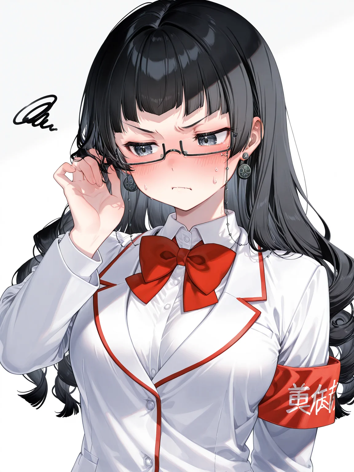 siiqa vivi, shuri \(84k\), <lora:spo_sdxl_10ep_4k-data_lora_webui:0.5><lora:cfg_scale_boost:0.9> 
<lora:Kuroko2XL:1> Kuroko_YS, 1girl, long hair, black glasses, earrings, eyewear strap, solo, blunt bangs, black hair, black eyes, medium breasts, white school uniform, red bowtie, red armband, upper body, flustered, annoyed, curly hair, hand in own hair, alternate hairstyle, 
masterpiece, best quality, amazing quality, very aesthetic, absurdres, newest,