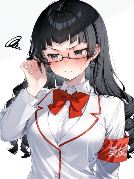 siiqa vivi, shuri \(84k\), <lora:spo_sdxl_10ep_4k-data_lora_webui:0.5><lora:cfg_scale_boost:0.9> 
<lora:Kuroko2XL:1> Kuroko_YS, 1girl, long hair, black glasses, earrings, eyewear strap, solo, blunt bangs, black hair, black eyes, medium breasts, white school uniform, red bowtie, red armband, upper body, flustered, annoyed, curly hair, hand in own hair, alternate hairstyle, 
masterpiece, best quality, amazing quality, very aesthetic, absurdres, newest,