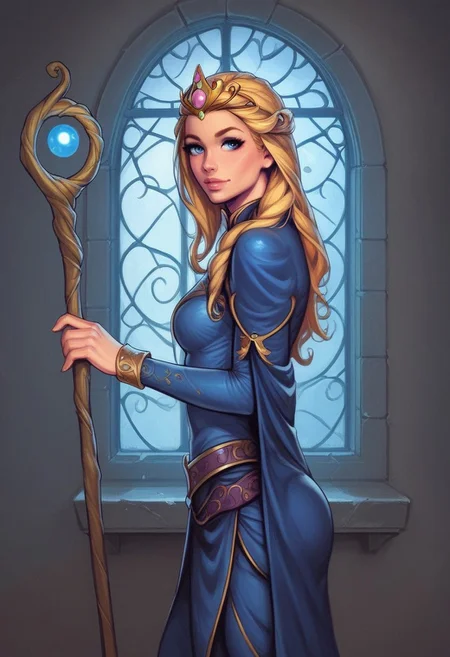 1girl, (((side view))), from front, solo, illustration, comic style, highly detailed, skinny, model body, looking at viewer, masterpiece, best quality, 1girl, masterpiece, best quality, fayenchantress, 1girl, solo, blonde hair, long hair, blue eyes, (young beauty, fit body:1.3), ((((magic shining orb in staff right hand, opened magic book in left hand)))), ((((magic clothes, tiara)))), dynamic pose
<lora:FayEnchantress:0.9>
BREAK
(((dark magic Observatory inside, night sky in window:1.6)))) score_9, score_8_up, score_7_up, score_6_up, source_cartoon, rating_explicit, Expressiveh, ((((full body))))), dynamic pose