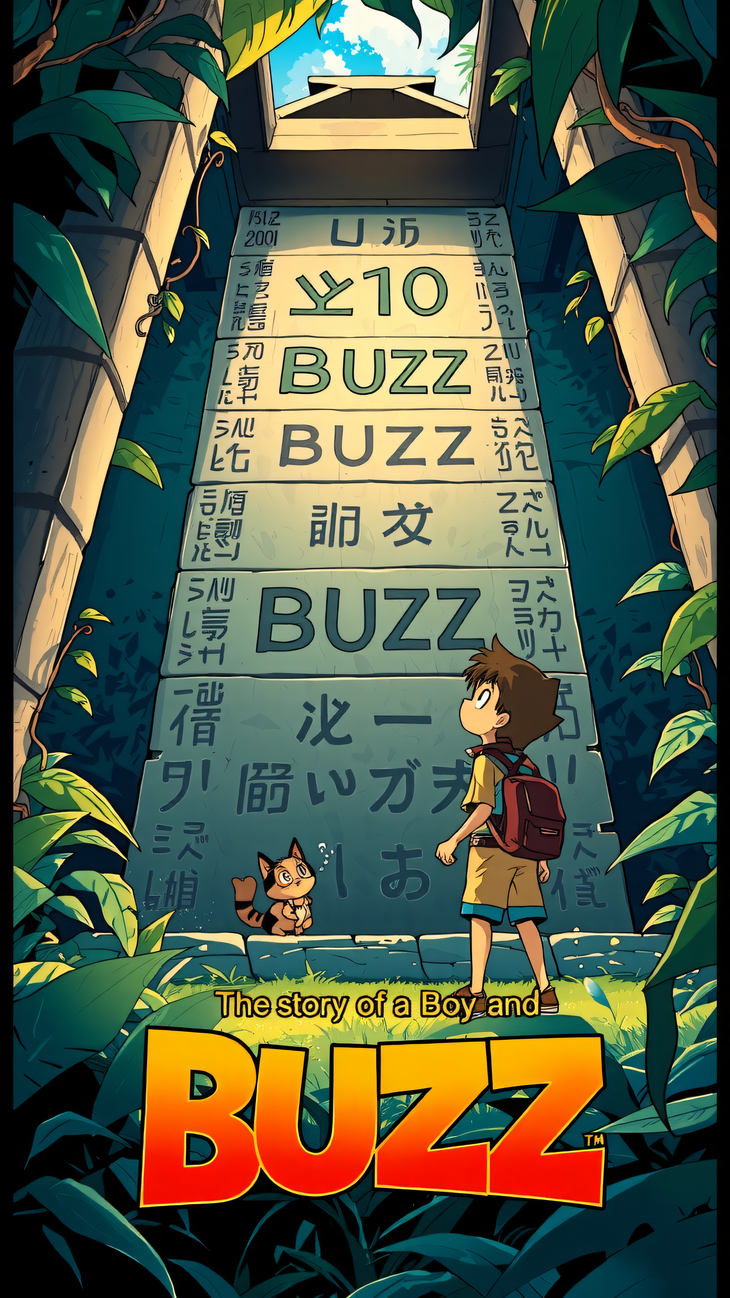 (Japanese anime-style): Anime adventurer discovers ancient tablet in overgrown jungle ruin. Wide-eyed expression as they trace 'æ¥æ¬èª 10 BUZZ' engraving, twice as large as surrounding hieroglyphs. Tablet shimmers with magical energy. Cute animal sidekick peeks from backpack. Vines frame scene, hinting at hidden dangers. Dynamic pose and exaggerated perspective create sense of excitement. Vibrant color palette contrasts lush greens with aged stone.Display âThe Story of a Boy and 10 BUZZâ in large design letters at the bottom of the image, The letters at the bottom are bordered in color.<lora:SD-SDXL\buzz-text.safetensors:1.0>,