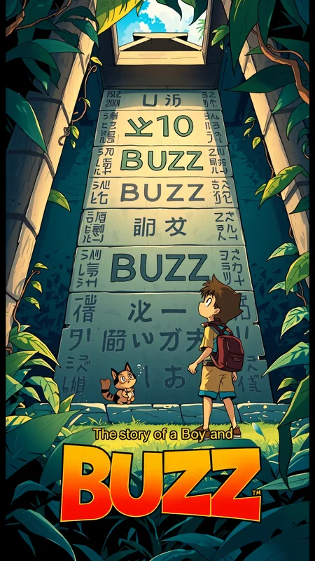 (Japanese anime-style): Anime adventurer discovers ancient tablet in overgrown jungle ruin. Wide-eyed expression as they trace 'æ¥æ¬èª 10 BUZZ' engraving, twice as large as surrounding hieroglyphs. Tablet shimmers with magical energy. Cute animal sidekick peeks from backpack. Vines frame scene, hinting at hidden dangers. Dynamic pose and exaggerated perspective create sense of excitement. Vibrant color palette contrasts lush greens with aged stone.Display âThe Story of a Boy and 10 BUZZâ in large design letters at the bottom of the image, The letters at the bottom are bordered in color.<lora:SD-SDXL\buzz-text.safetensors:1.0>,