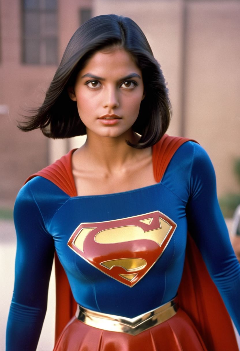 1980s Supergirl film costume, youthful raven-haired Mexican Supergirl, facing forward, shiny voluminous smooth straight side-parting short bob haircut, Supergirl film 1980s, ultra-realistic photo, Hyperdetailed photography, sharp focus