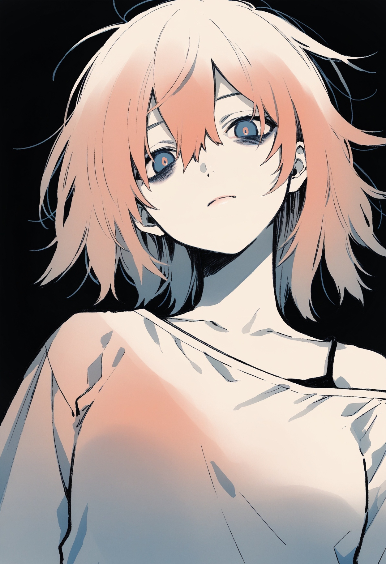 (by maki keigo:1.2)  linear hatching, hatching \(texture\),  
1girl,  portrait, upper body, looking at viewer,  expressionless, single bare shoulder, head tilt, looking down, from below, 
(messy unfinished sketch:1.3),  limited palette, bags under eyes,  flat color, partially colored, multiple monochrome, 
masterpiece, best quality, amazing quality, very aesthetic,
<lora:nhl-004:0.9>  nhl-004,