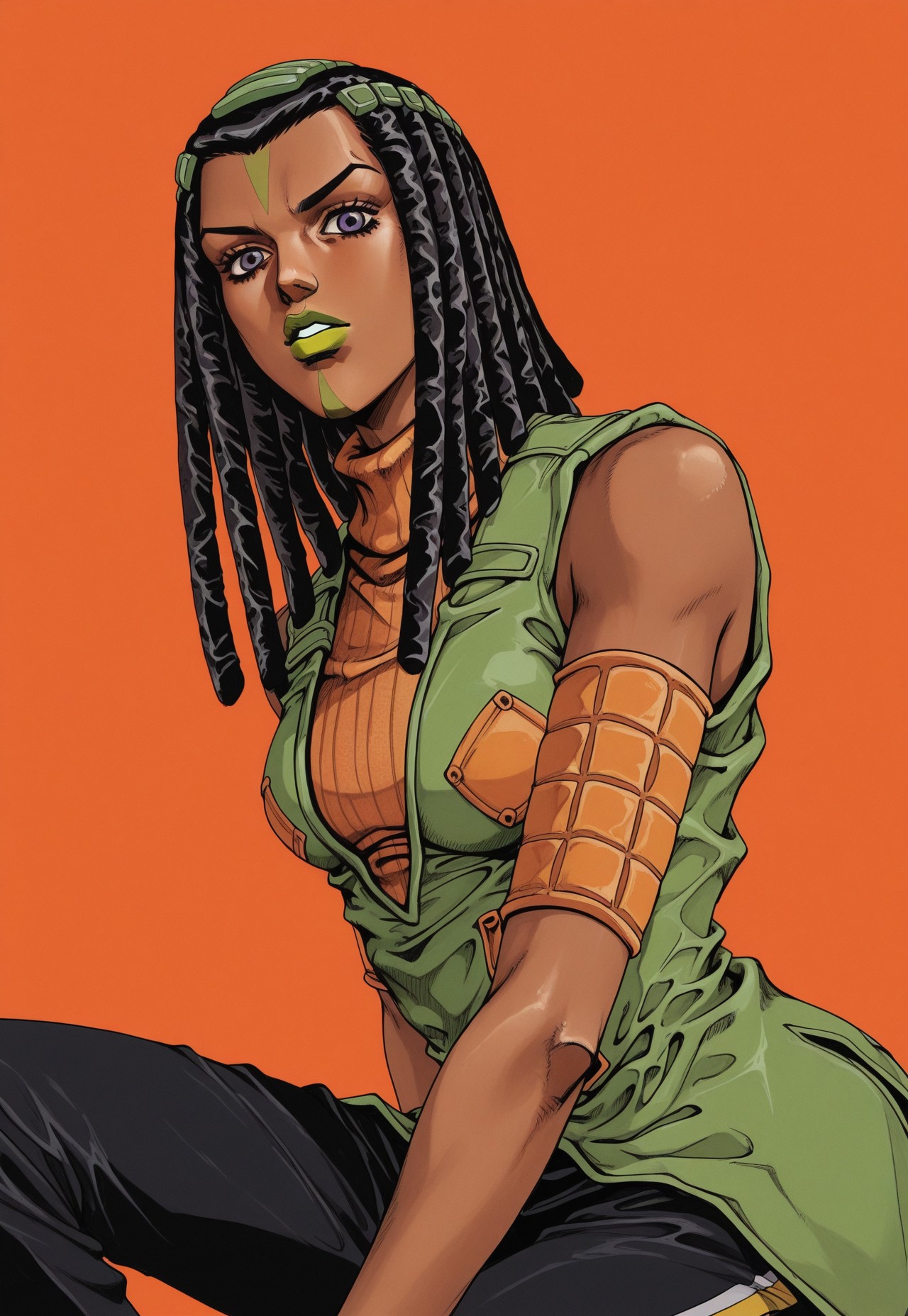 ARAKIH, hirohiko araki, painted, retro, hand-drawn, best quality, dark colors, blue coloring, heavy shadows, detailed background, 8k, 1girl, woman, solo, Ermes Costello, dark-skinned girl, black hair, dreadlocks, hair pieces, face markings, gray eyes, green lipstick, orange sweater, green jacket, sleeveless, armbands, dark pants, half body, face focus, turning to viewer, looking at viewer, sitting, dynamic pose, simple background, orange background