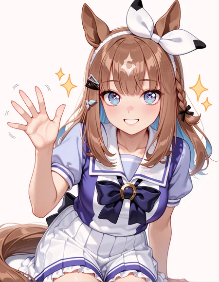 1girl, solo, almond eye \(umamusume\), horse girl, horse tail, umamusume, x-shaped pupils, hairclip, hair ornament, diamond hair ornament, hair bow,
tracen school uniform, short sleeves, summer uniform,
smile, sparkle,
waving, sitting,
white background,
cowboy shot, looking at viewer, straight-on, <lora:almondeyeill10ill01v3:1>,
masterpiece, best quality, amazing quality, very aesthetic, absurdres, highres, newest, <lora:xl_saturation_slider:0.1>, <lora:illustriousXLv01_stabilizer_v1.164:0.4>, <lora:reduce_wrinkles_illstriouosv0.1_ADDifT_2_in_1_v1.2:0.9>,