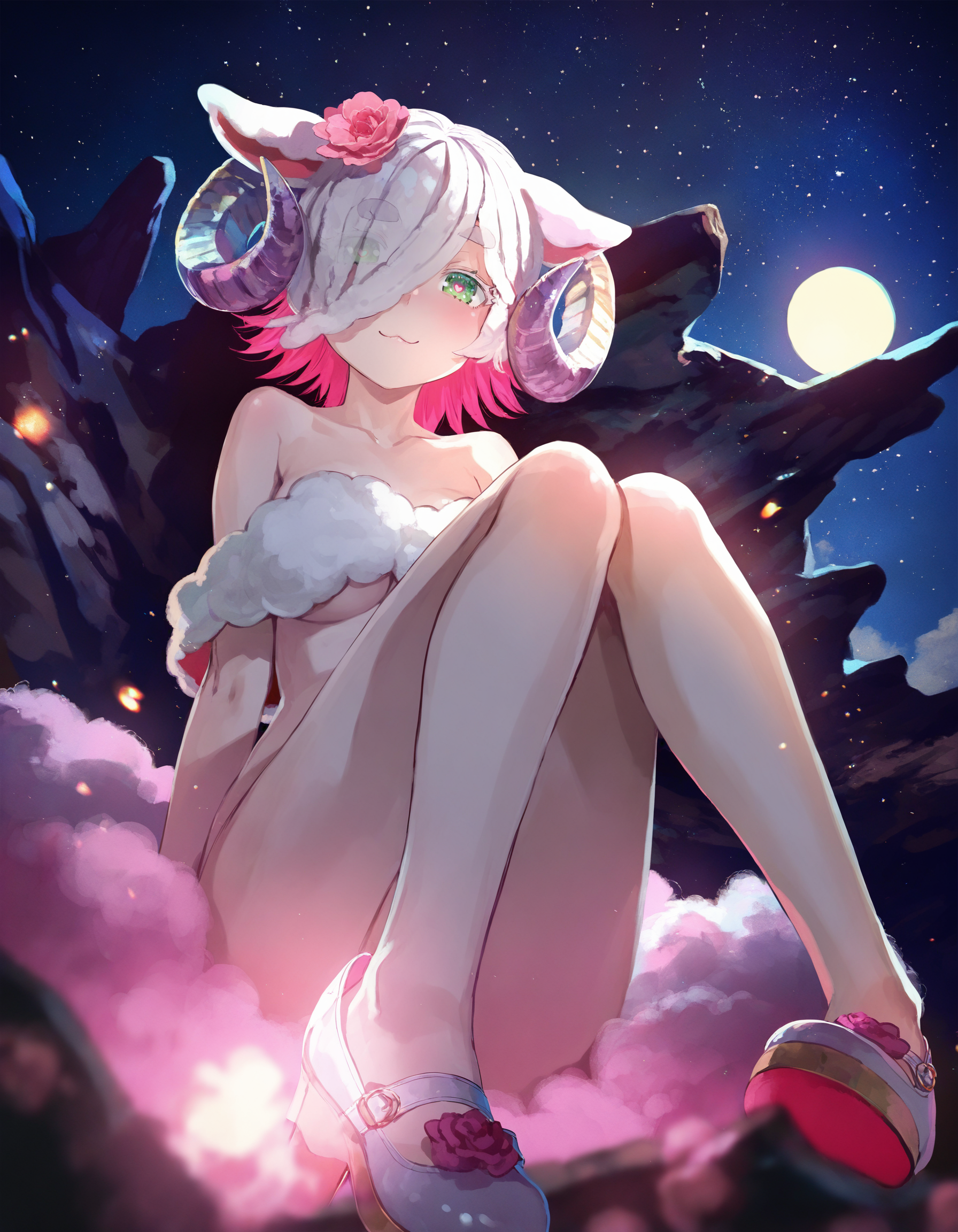 by happoubi jin, by fuzichoco, by lam, by kinta \(distortion\), by lack, by quasarcake, by 159cm,
sheep girl, translucent sheep horns, sheep ears, 1girl, solo, bare shoulders, collarbone, pink flower, hair flower, green eyes, looking at viewer, convenient censoring, underboob, white hair, short hair, hair over one eye, white fur, wool, fluffy, mary janes, bare legs, backlighting, outdoors, night, night sky, stars, bioluminescence, full body, sitting, from below, knees up,
dappled moonlight, full moon, dark, black theme, backlighting, :3, heart-shaped pupils, star \(sky\),
colored eyelashes, red eyes, purple eyes, multicolored hair, half-closed eyes, long eyelashes, underboob, blurry background, foreshortening,
masterpeice, best quality, very aesthetic, absurdres
<lora:illustrious_noobai_epsilon_pred_11_very_aesthetic_v1:1>