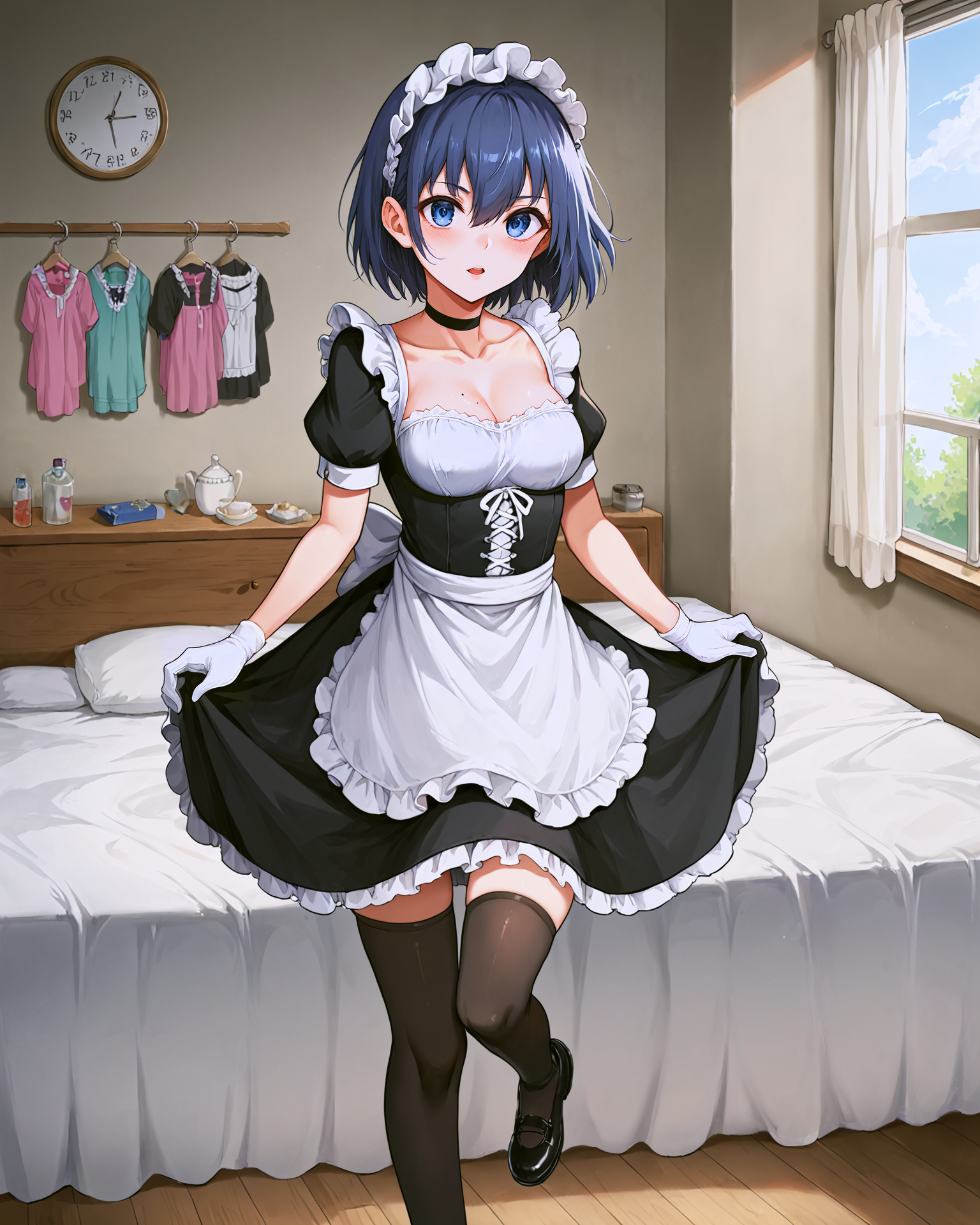 <lora:HAnime_S_Kaede_XL:0.7> kaede, blue eyes, blue hair, hair between eyes, bangs, ahoge, short hair, maid headdress, gloves, white gloves, short sleeves, puffy sleeves, puffy short sleeves, mole, maid, dress, black dress, frills, frilled dress, apron, maid apron, white apron, frilled apron, thighhighs, black thighhighs, shoes, black footwear,, <lora:9_Detail_Tweaker_XL:0.8>, score_9, score_8_up, score_7_up, source_anime, masterpiece, best quality, highly detailed background, cinematic lighting, detailed eyes, perfect face,, lazy, teenager room, messy, bedroom, bed sheet, closet,