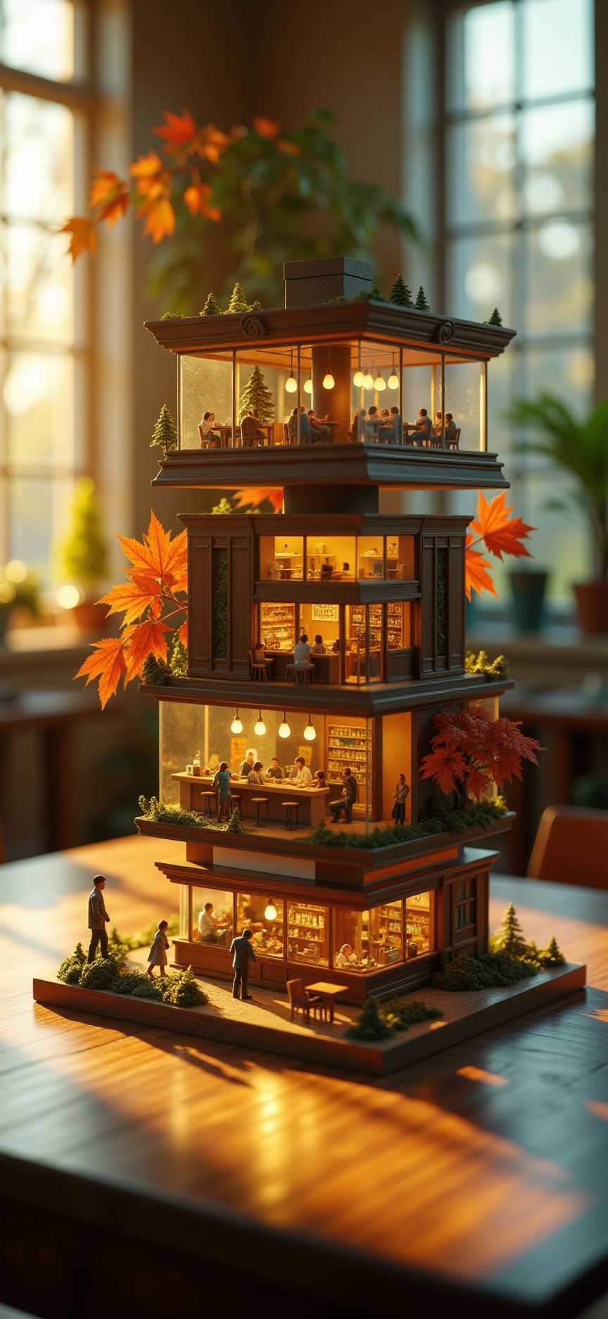 (indoors,indoor,isometric view,side view,tilt-shift lens:2), (fna_style,miniature,miniature,diorama,miniature,diorama,PVC,plastic:2),sunset,autumn giant (multi layers of museum with cafe cubic vertical:2.5) is located center, people, (in wooden square plate:3) (on table at study:3) <lora:Fantasy_Novel_Art_Style:1> <lora:Rostpunk:0.3>