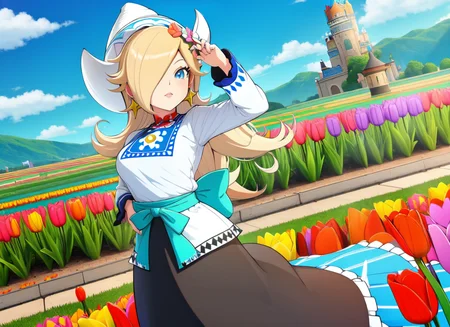 masterpiece, best quality, 1girl, solo, rosalina, volendamse dress, white hat, standing, tulips, outdoors, field, blue sky, clouds <lora:Rosalina (Mario):1> <lora:Senran Kagura:1>
