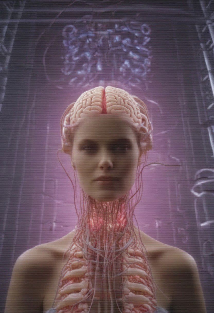 crt style tvs sets multiple human brains emerging from woman glowing massive amounts of intestines and cables woven together inside multiple modern television sets in technology warehouse