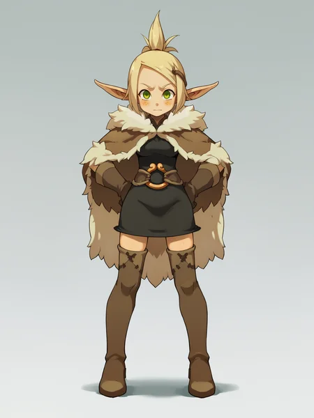 score_9, score_8_up, score_7_up, score_6_up, score_5_up, score_4_up, BREAK, source_cartoon, source_anime, 1girl, evangelyneyoung, blonde hair, hair ornament, green eyes, freckles, elf, fur cape, fur trim, belt, dress, gloves, thigh boots, thighhighs,
hands on hips, full body, standing, solo, looking at viewer, simple background <lora:EvangelyneXL:1>