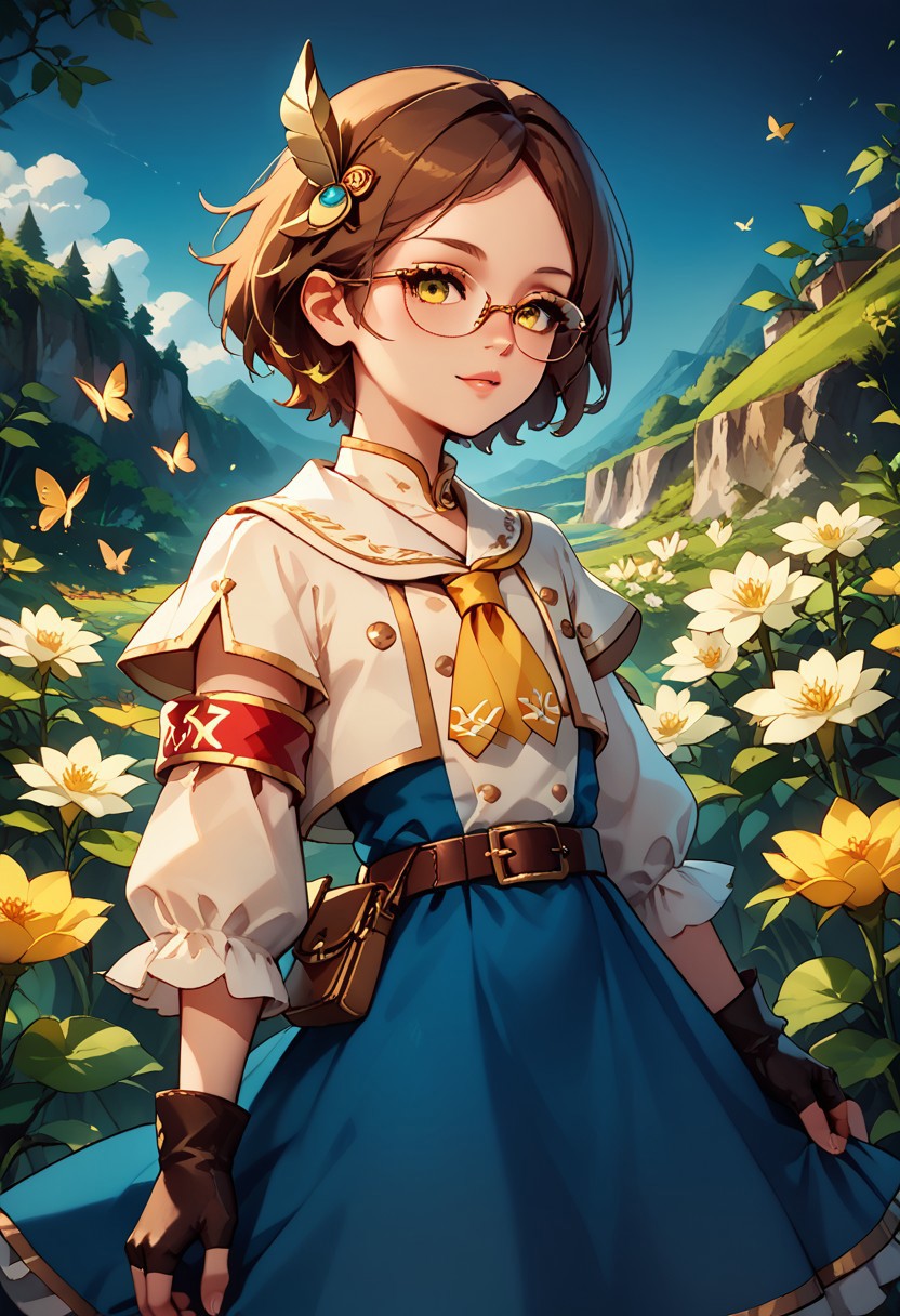 score_9, score_8_up, score_7_up, score_6_up, 1girl, (18-years-old:1.5), AliceWaifu, short, petite body, glasses, yellow necktie, short hair, white capelet with leather top underneath,stitches, frilled dress, red armband with golden rims on the right arm,belt,fingerless gloves, feather hair ornament,gold buttons,blue dress with white stripe in the middle, blue skirt with golden rims, neckerchief, puffy long sleeves, brown hair, young,layered sleeves,yellow eyes, flat chest,standing in a lush green garden, surrounded by colorful flowers, night time, elegant pose, butterflies fluttering around, serene and magical atmosphere,