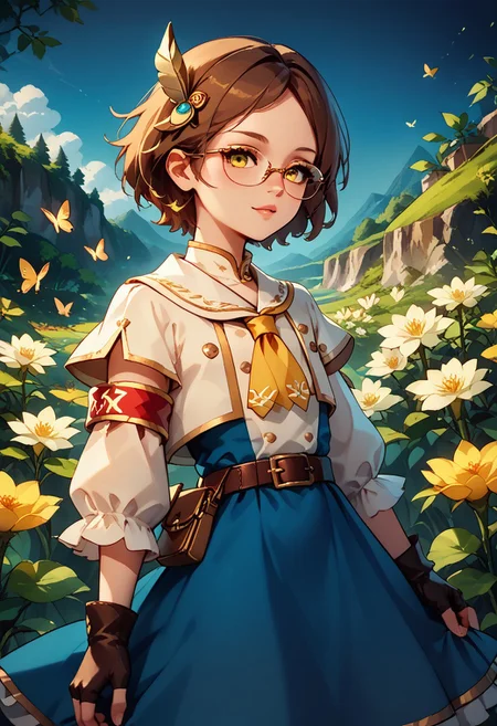 score_9, score_8_up, score_7_up, score_6_up, 1girl, (18-years-old:1.5), AliceWaifu, short, petite body, glasses, yellow necktie, short hair, white capelet with leather top underneath,stitches, frilled dress, red armband with golden rims on the right arm,belt,fingerless gloves, feather hair ornament,gold buttons,blue dress with white stripe in the middle, blue skirt with golden rims, neckerchief, puffy long sleeves, brown hair, young,layered sleeves,yellow eyes, flat chest,standing in a lush green garden, surrounded by colorful flowers, night time, elegant pose, butterflies fluttering around, serene and magical atmosphere,