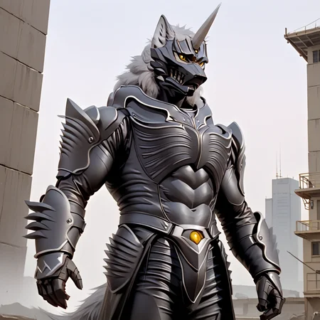 score_9, score_8_up, score_7_up, score_6_up, score_5_up, score_4_up,
dynamic action pose, male, handsome, powerful muscular body, (full body), (Totality Embodiment), breathtaking beauty, pure perfection, divine presence, unforgettable, impressive, chiaroscuro, night time,
black metal armor, grey wolf, grey body, grey skin, grey fur, villain, glowing yellow eyes, long white hair, wolf face helmet, wolf face mask, single horn on forehead, powerful muscular warrior like body, opened armored leather long jacket, thick arms, thick legs, wide thick chest, large pecs, abs, dashing, evil, villain, supervillain, detailed background, conquering a futuristic city, intimidating presence,
<lora:Zen_Aku_Power_Rangers_Wild_Force_AD_SDXL:0.85>