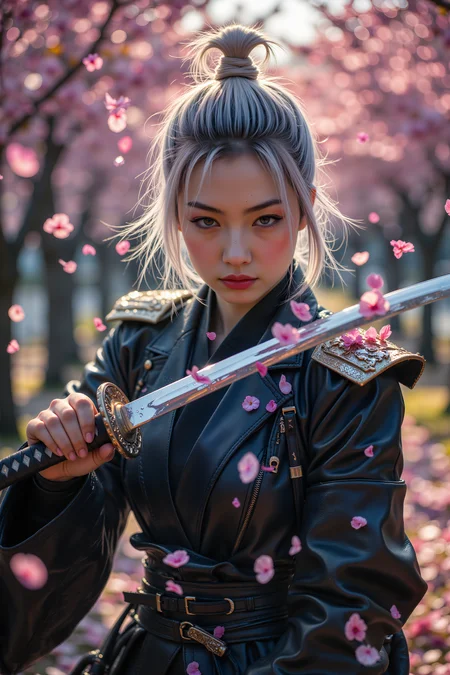 A Japanese imperial officer with short, silver hair tied into a small bun holds a gleaming katana in both hands, her feet planted in the middle of a serene cherry blossom grove. Her dark leather jacket and metal band tshirt contrasts against the soft pink petals that swirl around her, caught in the breeze. Her expression is calm yet focused, her sharp eyes locked on an unseen opponent. The polished metal of the blade reflects the setting sun, while fallen blossoms rest lightly on her shoulders, untouched by the intensity of the moment., <lora:FluxMythR3alisticF:0.4><lora:midjourney_whisper_flux_lora_v01:0.4><lora:aidmaMJ6.1-FLUX-V0.1:0.4><lora:Movie_Portrait:0.4><lora:Flux DetailerV2:0.4>