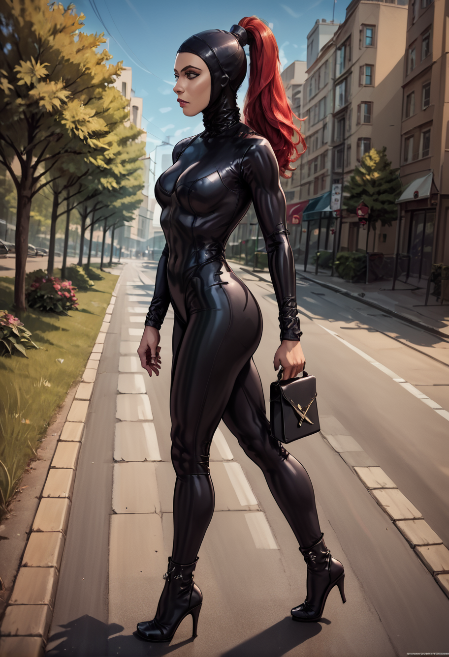 score_9, score_8_up, score_7_up, score_6_up, score_5_up, score_4_up,source_anime, anime, BREAK
  <lora:openFacedHoodPony:1.0>,  
1girl, solo, woman black catsuit and openFacedHood, , high heels, , outside, crossing the street, (crosswalk), sidewalk,  running, , from the side, red ponytailHair,full body ,abbey road