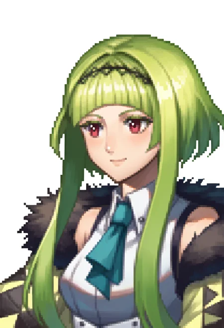 score_9, score_8_up, score_7_up, source_anime BREAK 1girl, solo,
<lora:zs_FEDSPortraitsXL:1> fedsportraits, portrait, white background
 <lora:Ringo-pdxl_Fp:1> ringosh2, short hair with long locks, green hair, multicolored hair, red eyes, hairband, white vest, necktie, smile, shirt, body markings, sleeveless, collared shirt,  jacket, cropped jacket, fur trim,