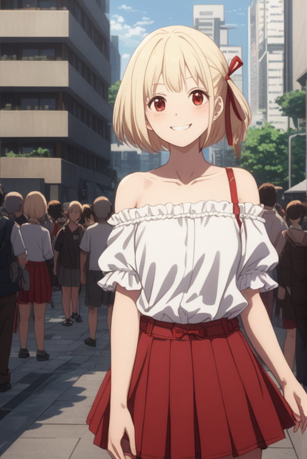 masterpiece, best quality, highres, 4k, 8k, intricate detail, cinematic lighting, amazing quality, amazing shading, soft lighting, Detailed Illustration, anime style,
chisatonishikigi, <lora:chisato-nishikigi-s1-sdxl-lora-nochekaiser:0.75>,
chisato nishikigi, short hair, bangs, blonde hair, red eyes, hair ribbon, one side up, bob cut, smile,
shirt, bare shoulders, twintails, collarbone, hair ribbon, white shirt, frills, off shoulder, red ribbon, short twintails, off-shoulder shirt, frilled shirt, skirt, pleated skirt, red skirt,
outdoors, cityscape, crowd, people, 
looking at viewer, full body,