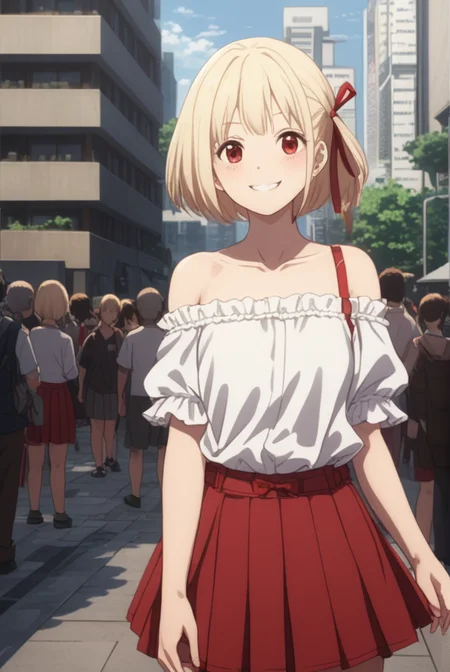 masterpiece, best quality, highres, 4k, 8k, intricate detail, cinematic lighting, amazing quality, amazing shading, soft lighting, Detailed Illustration, anime style,
chisatonishikigi, <lora:chisato-nishikigi-s1-sdxl-lora-nochekaiser:0.75>,
chisato nishikigi, short hair, bangs, blonde hair, red eyes, hair ribbon, one side up, bob cut, smile,
shirt, bare shoulders, twintails, collarbone, hair ribbon, white shirt, frills, off shoulder, red ribbon, short twintails, off-shoulder shirt, frilled shirt, skirt, pleated skirt, red skirt,
outdoors, cityscape, crowd, people,
looking at viewer, full body,