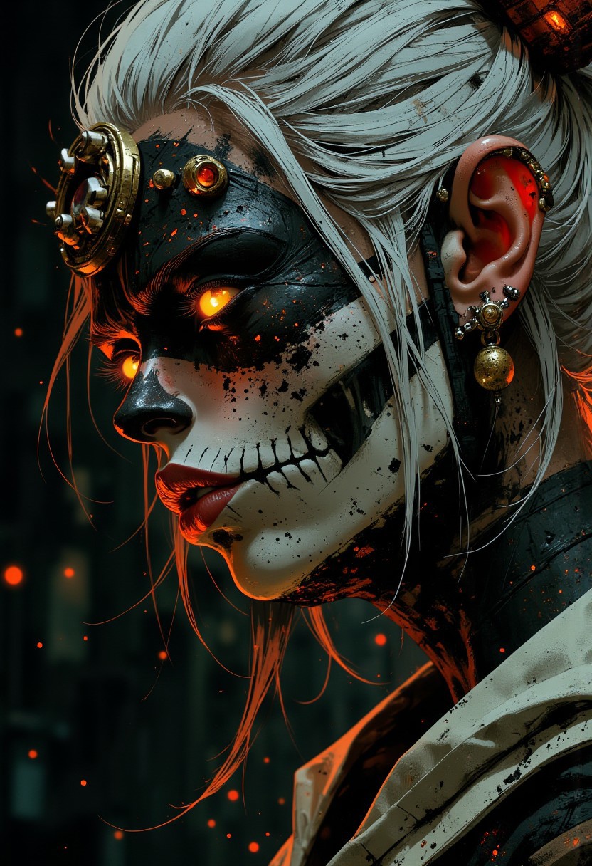 portrait of beautiful oriental female shaman, white hair with skull-themed hair ornaments, black and white face paint in a skull fashion, burning bright eyes. Perfect Composition, realistic photographic image, RAW photo highest quality, perfect directional lighting, highly detailed face, dark eye-shadow, high contrast, viewed from side