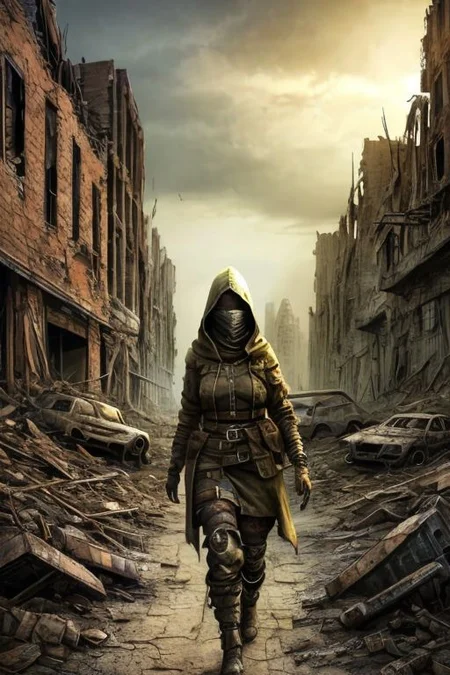 (masterpiece:1.2), (best quality,:1.2), 8k, HDR, ultra detailed, ((photorealistic)), professional light, cinematic lighting, fashion photography, ambient lighting, atmospheric effects, <lora:detail_slider_v4:3>, a beautiful woman, wild red hair, dark makeup, as a female Wasteland survivor, mask, hood, long leather coat, boots, leather pants, belt, exploring the ruins of a destroyed city, <lora:Wasteland:0.66>, WasteAr, <lora:WastelandArmor:0.7>, style of Mad Max, style of Fallout, <lora:zoom_slider_v1:3>, epiCPhoto