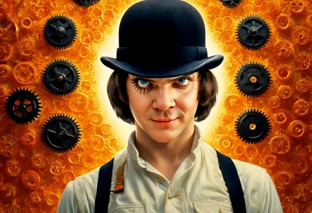 movie poster of a clockwork orange movie of roast gears poster with a Alex, solo, looking at viewer, smile, black hair, 1boy, hat, yellow eyes ,male focus,evil smile, cinematic, Clockwork Orange film style, background made of roast gears, dramatic lighting, action scene drill straight into the camera, extricate details