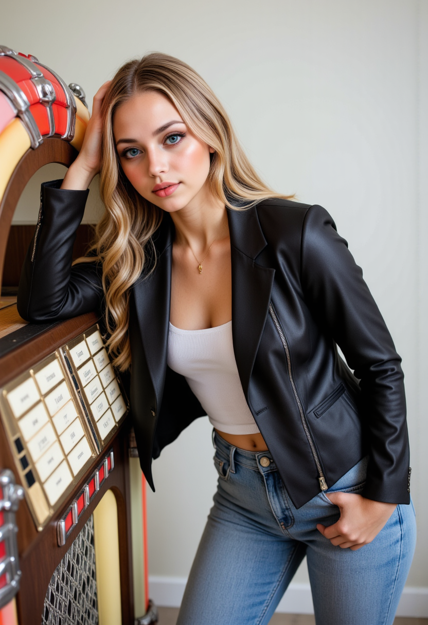 profile headshots, smiling, she is approximately 18 years old,full body view, dynamic angles, multiple angles, photoshoot poses; A photo of a woman a photo of Sh3lby, with blonde hair, a gold necklace, is painted in a realistic style, she is in a white room, she is leaning up against the side of a vintage jukebox, she is posing for the camera with a smile on her face. she is wearing a black leather jacket, blue jeans and pink and white nikie sneakers,  The painting captures her smiling expression and the details of her outfit. which adds to the focus on the girl's face and her outfit. The overall composition is a beautifully rendered portrait of a young girl. 32k UHD, expressive eyes, punk, graphic design, girl's face, pretty and cute, gleaming lips, telling a tale of adventure. Exuding confidence and serenity. The overall mood of the image is happy and relaxed,detailed skin texture,(blush:0.2),(goosebumps:0.3),subsurface scattering,with a playful and whimsical tone, aidmaHyperrealism, aidmarealisticskin,Niji style,Detailed hand, perfect hands,