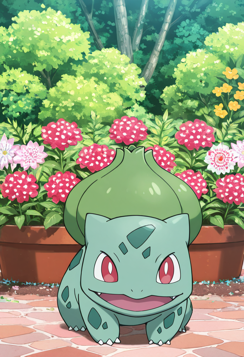 masterpiece, best quality, no humans,    zzBulbasaur, flower garden,   ,<lora:BulbasaurPokedex_IXL:1.0>,