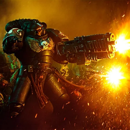 Score_9_up, absurdres, source: GamesWorkshop, grimdark, gothic horror, an adeptus astartes space marine in armor and helmet, he is firing a bolter gun