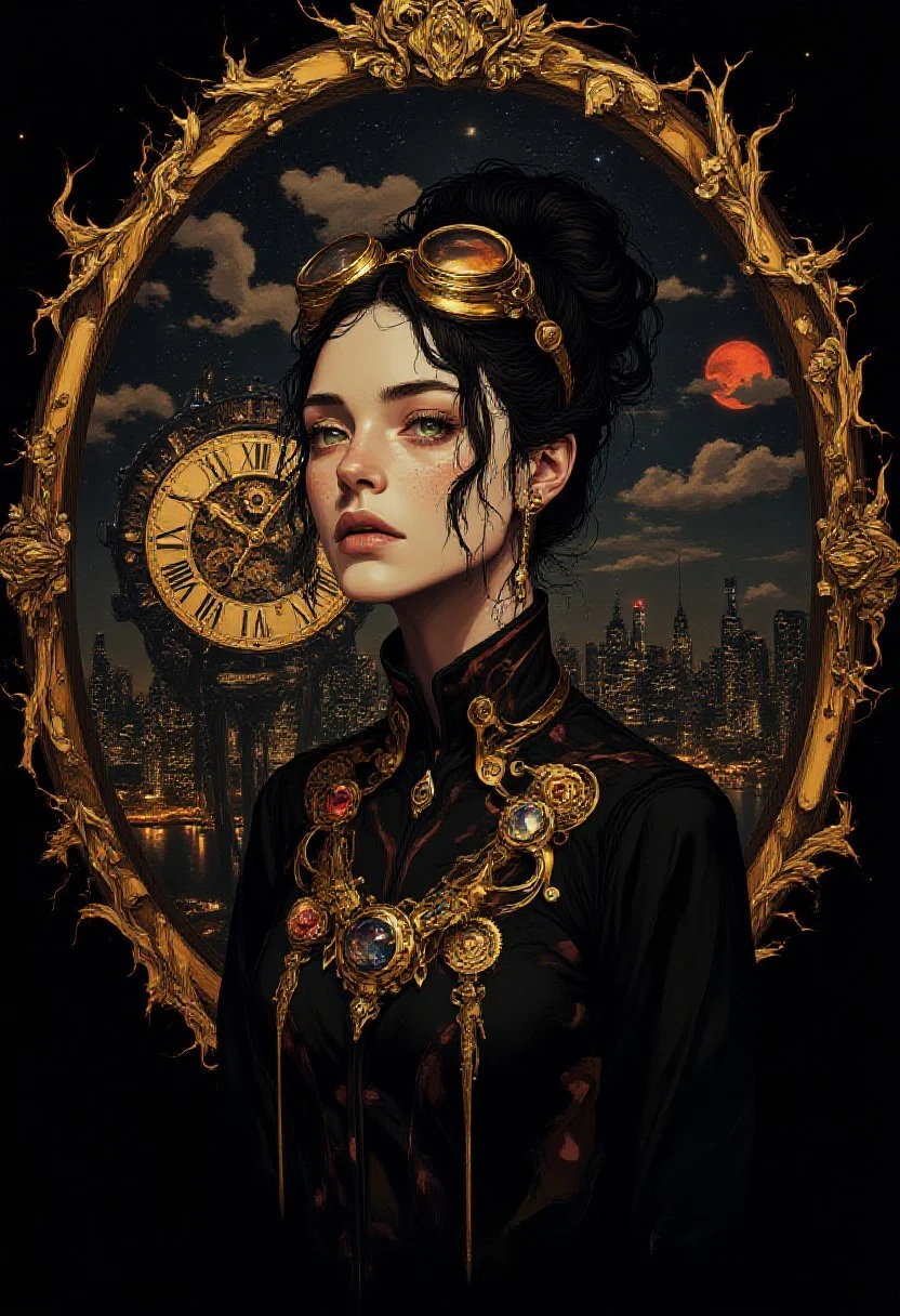 The image is a digital art piece at night that appears to be a portrait of(full body) a young woman with a futuristic and aetherpunk-inspired hairstyle.Behind her an oval window surrounded by fractal brass intricate details, She is wearing a multicolor and brass outfit with intricate details and gem jewelry. She is under a perspective ceiling light,Her hair is styled in a high bun with a pair of goggles on top, and she is looking off to the side with a serious expression on her face.
In the background through the window, there is a large clock with intricate gears and cogs, and a aetherpunk cityscape at night like a painting with tall buildings and skyscrapers,city lights. The clock is surrounded by a nightsky with clouds,red moon and stars. The overall mood of the image is dark and mysterious, with a sense of mystery and intrigue.