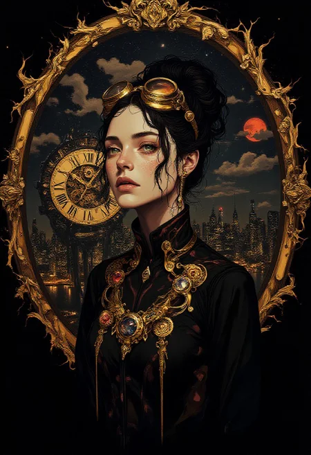 The image is a digital art piece at night that appears to be a portrait of(full body) a young woman with a futuristic and aetherpunk-inspired hairstyle.Behind her an oval window surrounded by fractal brass intricate details, She is wearing a multicolor and brass outfit with intricate details and gem jewelry. She is under a perspective ceiling light,Her hair is styled in a high bun with a pair of goggles on top, and she is looking off to the side with a serious expression on her face.
In the background through the window, there is a large clock with intricate gears and cogs, and a aetherpunk cityscape at night like a painting with tall buildings and skyscrapers,city lights. The clock is surrounded by a nightsky with clouds,red moon and stars. The overall mood of the image is dark and mysterious, with a sense of mystery and intrigue.