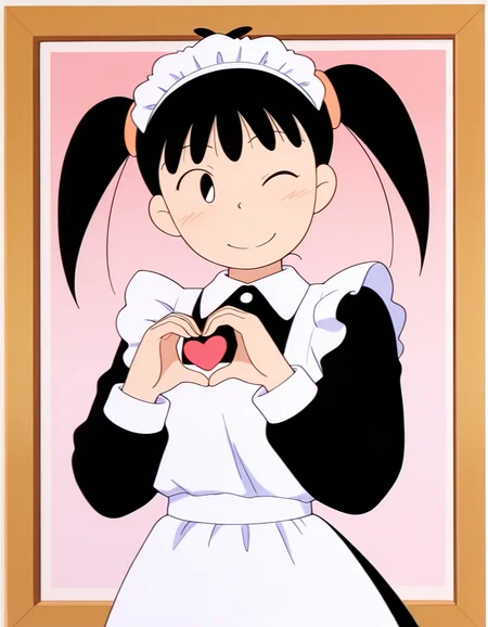 (masterpiece:1.4), (best quality:1.4),  very aesthetic, newest,best quality, amazing quality, absurdres,
anime screenshot,retro artstyle
1girl,,solo,noyama_azusa,twintails,black hair,black and white eyes,hair ornament,,white socks,
 <lora:noyama_azusa_v9:1>
maid uniforms,heart hands,smile,wink,head tilt,
graphical design,  white borders,