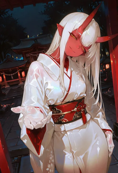 masterpiece, best quality, good quality, newest, highres, absurdres, volumetric lighting,gradient color,
BREAK 
raytracing, volumetric lighting, ambient occlusion, girl, luminescent background, masterpiece, best quality, very awa, absurdres, 
BREAK
Aka-Oni, oni, colored skin, (red skin:1.3), straight horns, solo, long hair, model style,
 evil eyes, evil, bullying, sinister, 
BREAK
masterpiece,amazing quality,best quality,ultra-detailed,8K,illustration,CG,shiny hair,clear skin,ultra-detailed-eyes,simple background,cute girl, eyelashes
BREAK,
white gloves, see-through gloves, long kimono, outdoors, shrine, night, moonlight, dutch angle, dark theme, high contrast, reaching towards viewer, foreshortening, smile, half-closed eyes, head tilt, sash,