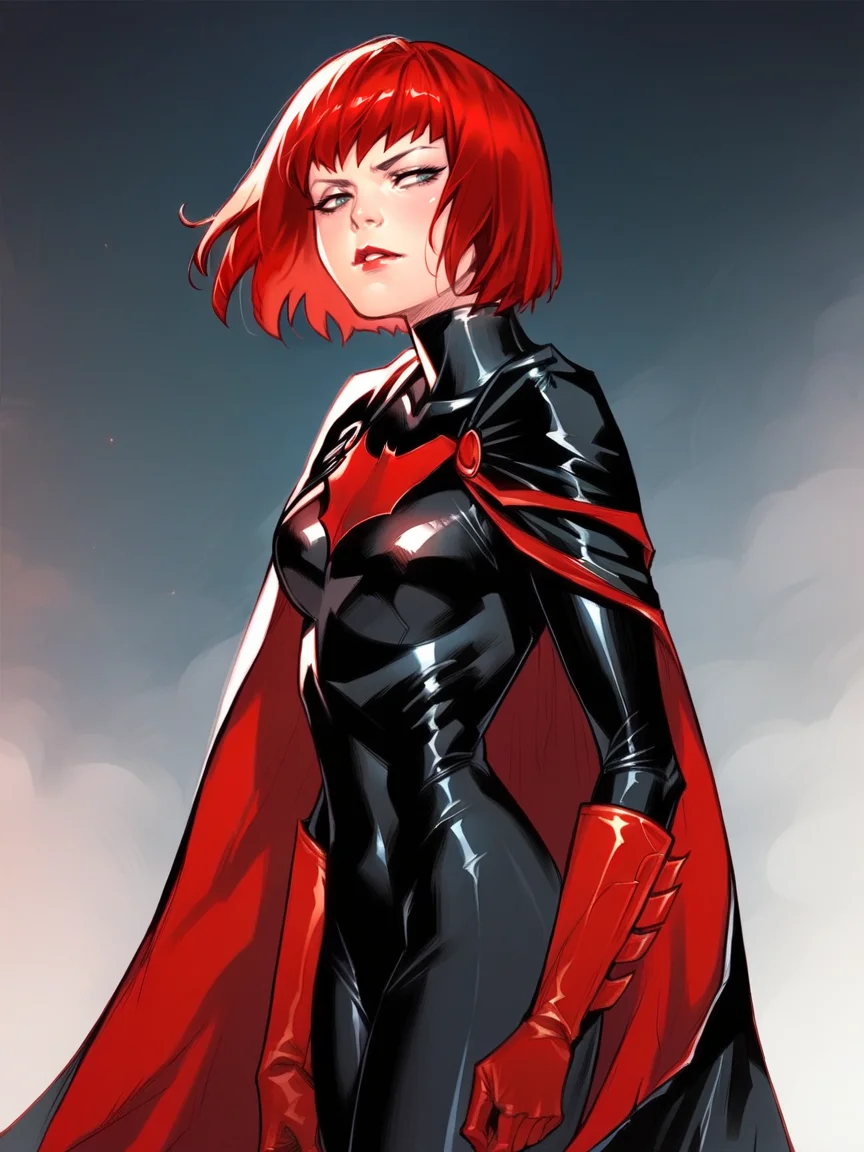 score_9, score_8_up, score_7_up, score_6_up, score_5_up, <lora:B4twomanXLP:1> b4twoman, 1girl, solo, red hair, gloves, short hair, cape, bodysuit