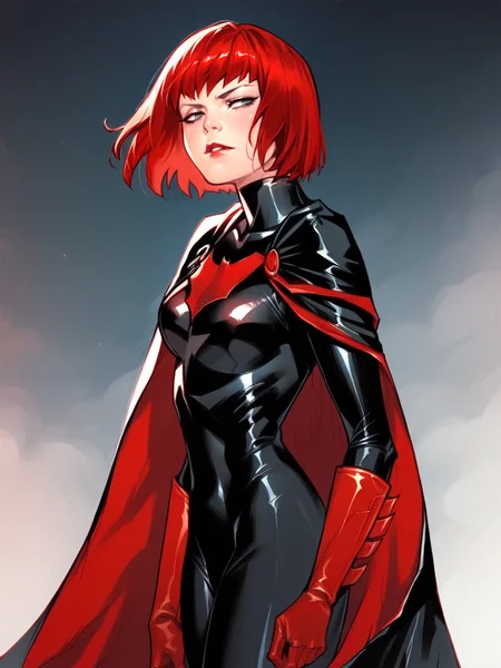 score_9, score_8_up, score_7_up, score_6_up, score_5_up, <lora:B4twomanXLP:1> b4twoman, 1girl, solo, red hair, gloves, short hair, cape, bodysuit