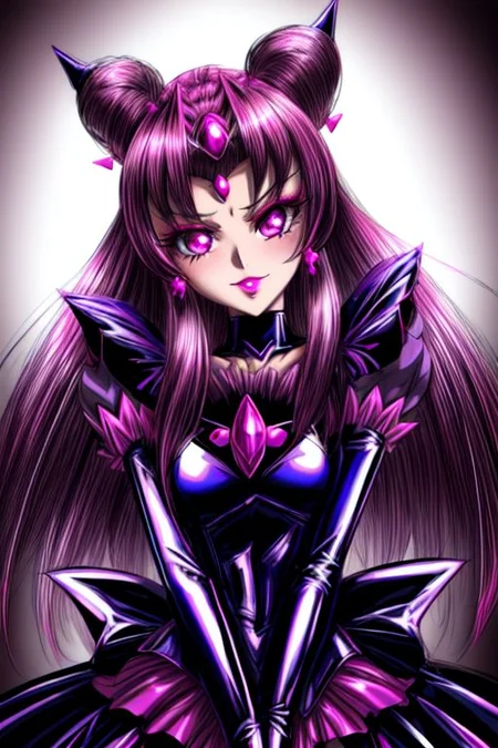 evil corrupted young princess wearing dark pastel (ruffled:1) (gleaming latex:1) EvlSM DarkPrecure Bad_End_Precure gown with (long latex cape:1) and latex elbow bridal gauntlets, (Perfect Face:1), soft lighting, glossy red lips, ruffles,