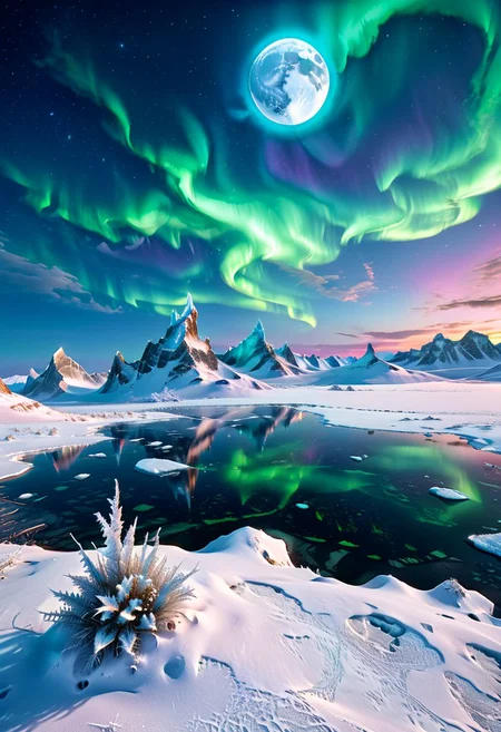 Create a stunning landscape of a frozen alien tundra, with vast ice plains and towering ice formations that sparkle under a brilliant aurora. Strange, bioluminescent plants peek through the snow, casting a soft glow. The sky is filled with distant stars and a massive, glowing moon. Best quality, high resolution, ultra-detailed, 8k.