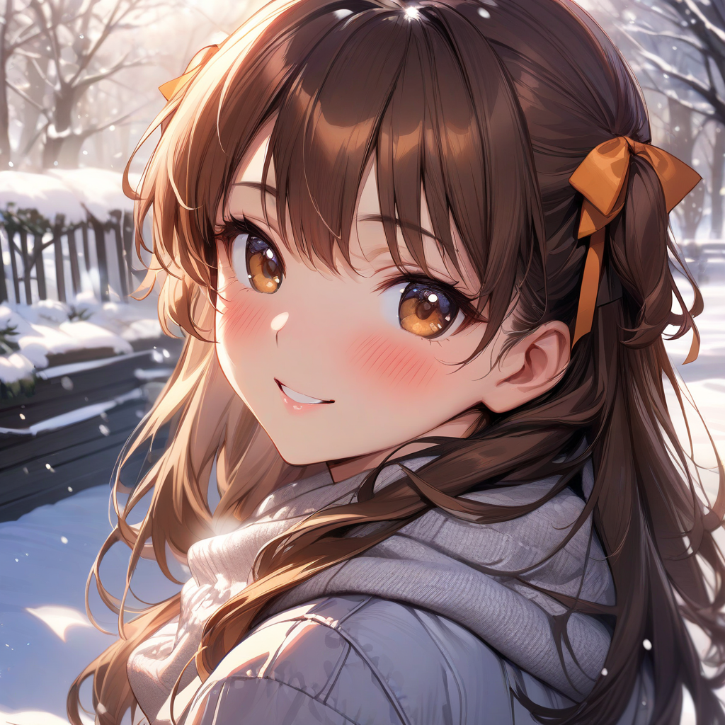 (masterpiece),(best quality),(ultra-detailed),(best illustration),(best shadow),(absurdres),(detailed background),(very aesthetic), rina_ogata, 1girl, solo, brown hair, scarf, snow, long hair, smile, blush, two side up, brown eyes, ribbon, looking at viewer, tree, hair ribbon, snowing<lora:XL-RinaOgata:1>