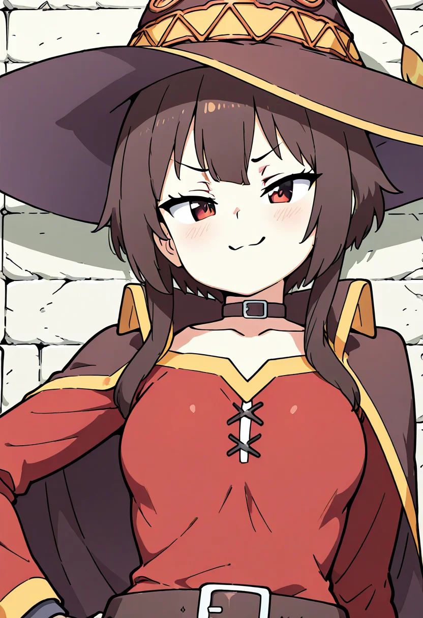 masterpiece, best quality, 1girl, solo, eyelashes, (beautiful eyes),  large breasts,  zzMegu, looking at viewer, blush, smile, hat, dress, closed mouth, collarbone, upper body, sidelocks, choker, cape, collar, v-shaped eyebrows, witch hat, black choker, red dress, brown headwear, black cape, smug, wall, brick wall, brown cape, doyagao, stone wall, (tsurime:1.1), smug, :3,   ,<lora:MeguminKonosubaCSV_IXL_v1:1.0>,