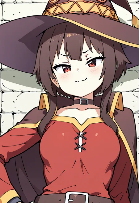 masterpiece, best quality, 1girl, solo, eyelashes, (beautiful eyes), large breasts, zzMegu, looking at viewer, blush, smile, hat, dress, closed mouth, collarbone, upper body, sidelocks, choker, cape, collar, v-shaped eyebrows, witch hat, black choker, red dress, brown headwear, black cape, smug, wall, brick wall, brown cape, doyagao, stone wall, (tsurime:1.1), smug, :3, ,<lora:MeguminKonosubaCSV_IXL_v1:1.0>,