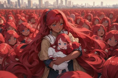 (masterpiece, best quality:1.5), (ultra realistic:1.5), (8k uhd, very high quality:1.5), (extremely detailed face:1.5), (everyone has ruby red hair:1.5), (dark skin mother holding an endless number of infants and surrounded by an endless number of her extremely young children:1.5), (everyone smiling and happy:1.5), (everyone has bright blue eyes:1.5), (everyone has long ruby red hair:1.5), (the woman is surrounded by endless numbers of her extremely young children that fill the entire background:1.5), (the woman is surrounded by an endless number of her very young children that fill the entire background:1.5), (city background:1.5)