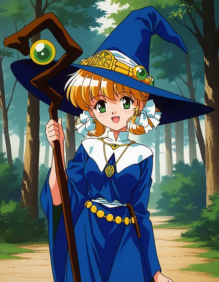 general,highres, ultra-detailed,very aesthetic,best quality ,best hands, BREAK <lora:Mahou_Shoujo_Meruru_IS:1>
Meruru, 1girl,solo, green eyes, witch hat, blonde hair, twintails, short hair, green jewelry, earrings,
breasts, witch, BREAK, open mouth,
smile,looking at viewer, cowboy_Shot, BREAK,
robe, blue dress, staff, white ribbon, necklace, blue headwear, hair ribbon, hair bow,
1990s \(style\),anime coloring,
forest, tree,