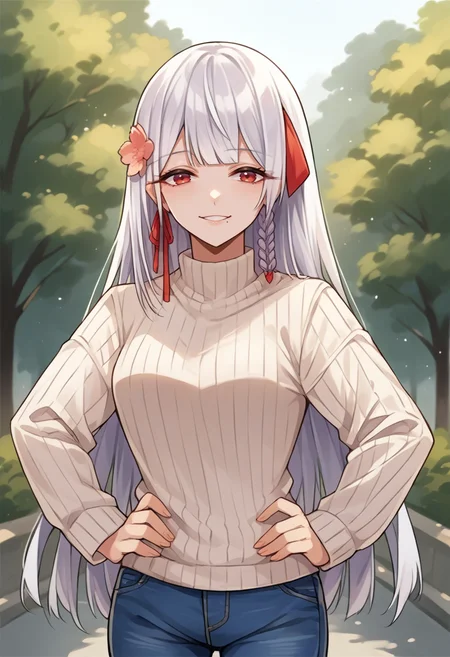 score_9, score_8_up, source_anime, 1girl, solo, FunadaUi, mole under mouth, white hair, long hair, blunt bangs, side braid, red hair ribbon, hair flower, outdoors, sweater, ribbed sweater, jeans, hands on hips, smile, <lora:ChamFunadaUiPonyXL:1>
