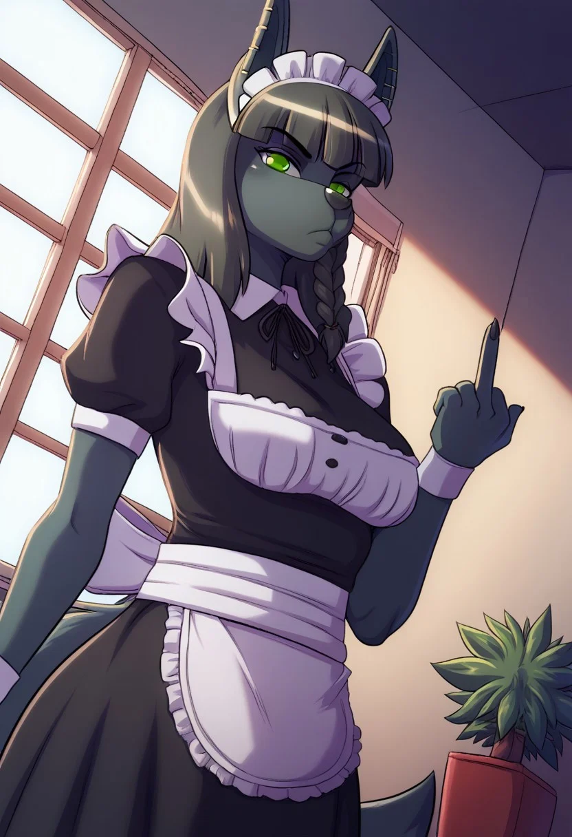score_9, In the style of Kadath, Nightshade the Jackel, BREAK, 1girl, clothed, indoors, potted plant, window, sunlight, looking at viewer, serious, dutch angle, maid uniform, braid, double middle finger,