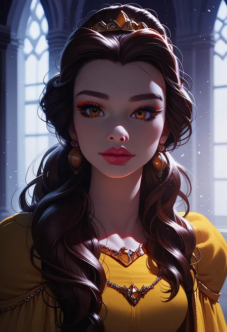 score_9, score_8_up, score_7_up, solo,  1girl, 24 y.o, Belle Princess, cinematic, Depth of field, bokeh, best_quality, cinematic, light particles, highly_detailed, very_aesthetic, beautiful_and_aesthetic, top_quality, hyperrealistic, photorealistic, 8K, ultra detail, curves, sexy, body shaper, yellow dress, Ball dress, afterglow expression, bioluminescent details, wearing a feather boa, slender waist, carrying light eyebrow gel with gloss cream lipstick, stylish brown bun hair, long hair, colored eyeliner, brown eyes, face focus,