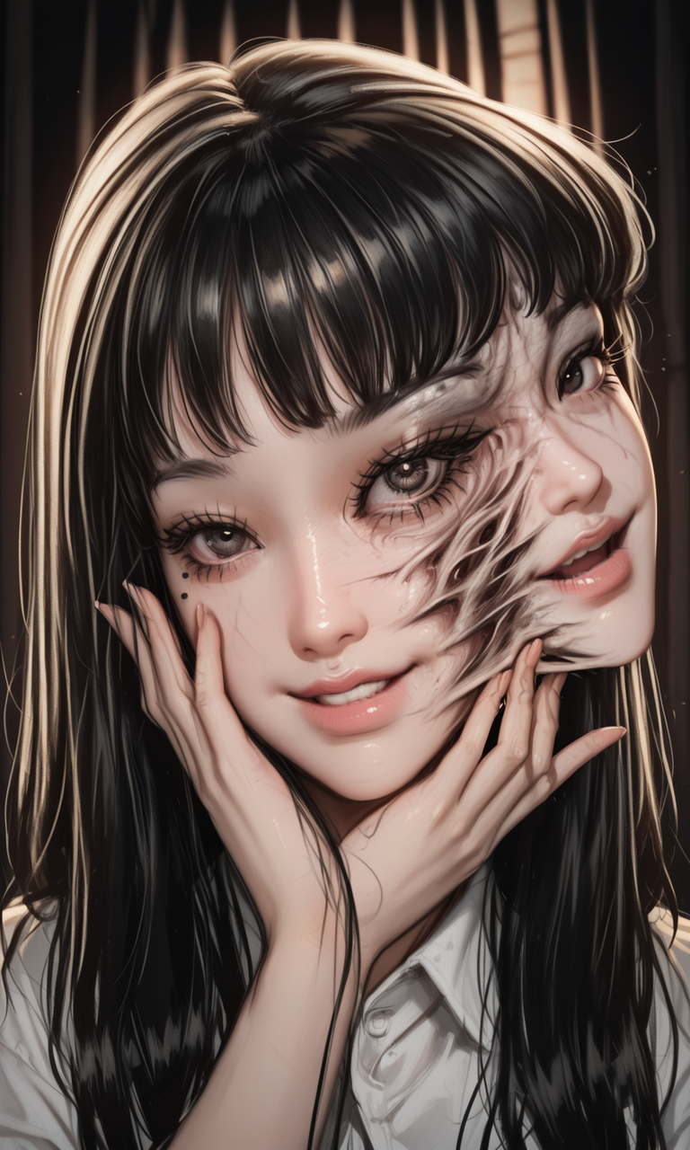 1girl, tomi3, split face, mutated face, close-up, lips, eyelashes, eyes, dramatic lighting, dark lighting, contrast lighting, looking at viewer, laughing, mouth open, evil, embedding:IllustriousQual, embedding:Smooth Quality, 1girl, tomi3, split face, mutated face, close-up, lips, eyelashes, eyes, dramatic lighting, dark lighting, contrast lighting, looking at viewer, laughing, mouth open, evil, embedding:IllustriousQual, embedding:Smooth Quality,<lora:MoriiMee_Gothic_Niji_Style_Illustrious_r1.safetensors:0.2:0.2> <lora:tomi3.safetensors:1:1>