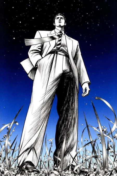 1keryo illustration.
The image depicts a confident, imposing figure of a man standing against a starry night sky. He is viewed from a low angle from the ground. <lora:1keryo1_cap_d6a3e12:1.0><lora:826546669484218765:0>