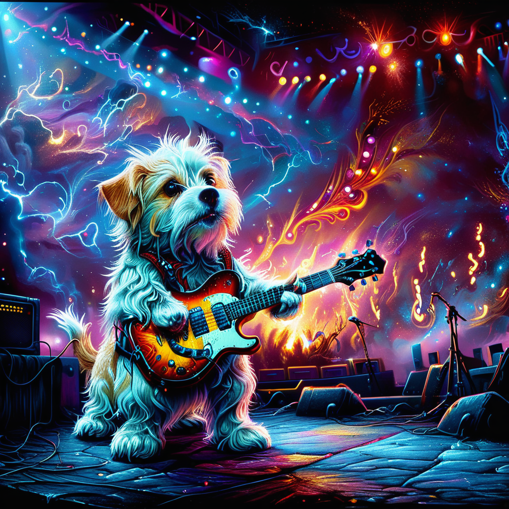 Hyperrealistic, crystal-clear portrait of a  <lora:ZIP_SDXL:1> zip dog looking at the viewer Walking on stage playing his guitar  <lora:1980s_Fantasy_Style_test_2:0.3> 1980s Fantasy Style, vivid color <lora:Rock_Concert:0.5> r0ckc0ncert, on stage,  instruments <lora:tbh160-sdxl:0.8> style of Dan Mumford  with super sharp details and vivid colors, intricate textures, and pristine clarity.  <lora:mystivis:0.8> mystivis