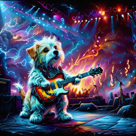 Hyperrealistic, crystal-clear portrait of a <lora:ZIP_SDXL:1> zip dog looking at the viewer Walking on stage playing his guitar <lora:1980s_Fantasy_Style_test_2:0.3> 1980s Fantasy Style, vivid color <lora:Rock_Concert:0.5> r0ckc0ncert, on stage, instruments <lora:tbh160-sdxl:0.8> style of Dan Mumford with super sharp details and vivid colors, intricate textures, and pristine clarity. <lora:mystivis:0.8> mystivis